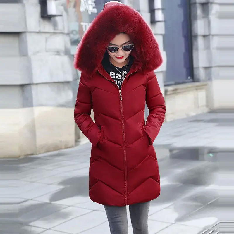 Европейская мода, черная зимняя куртка для женщин, большое меховое пальто, женская куртка, зимняя длинная хлопковая парка с капюшоном, теплые куртки, новинка - Цвет: wine red