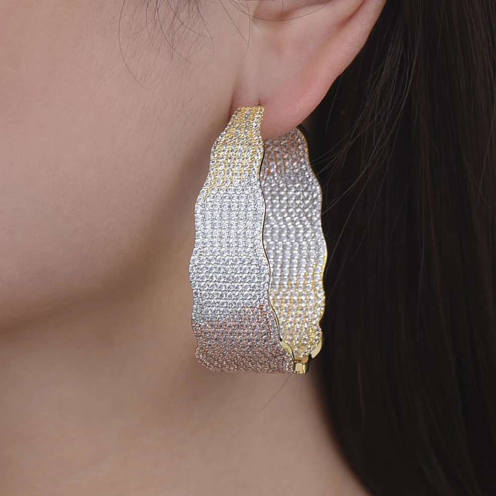 

LARRAURI Fashion Jewelry Geometric Shape Big Hoop Cubic Zirconia Inlaid Hoop Earrings Luxury Dubai boucle d'oreille femme 2019