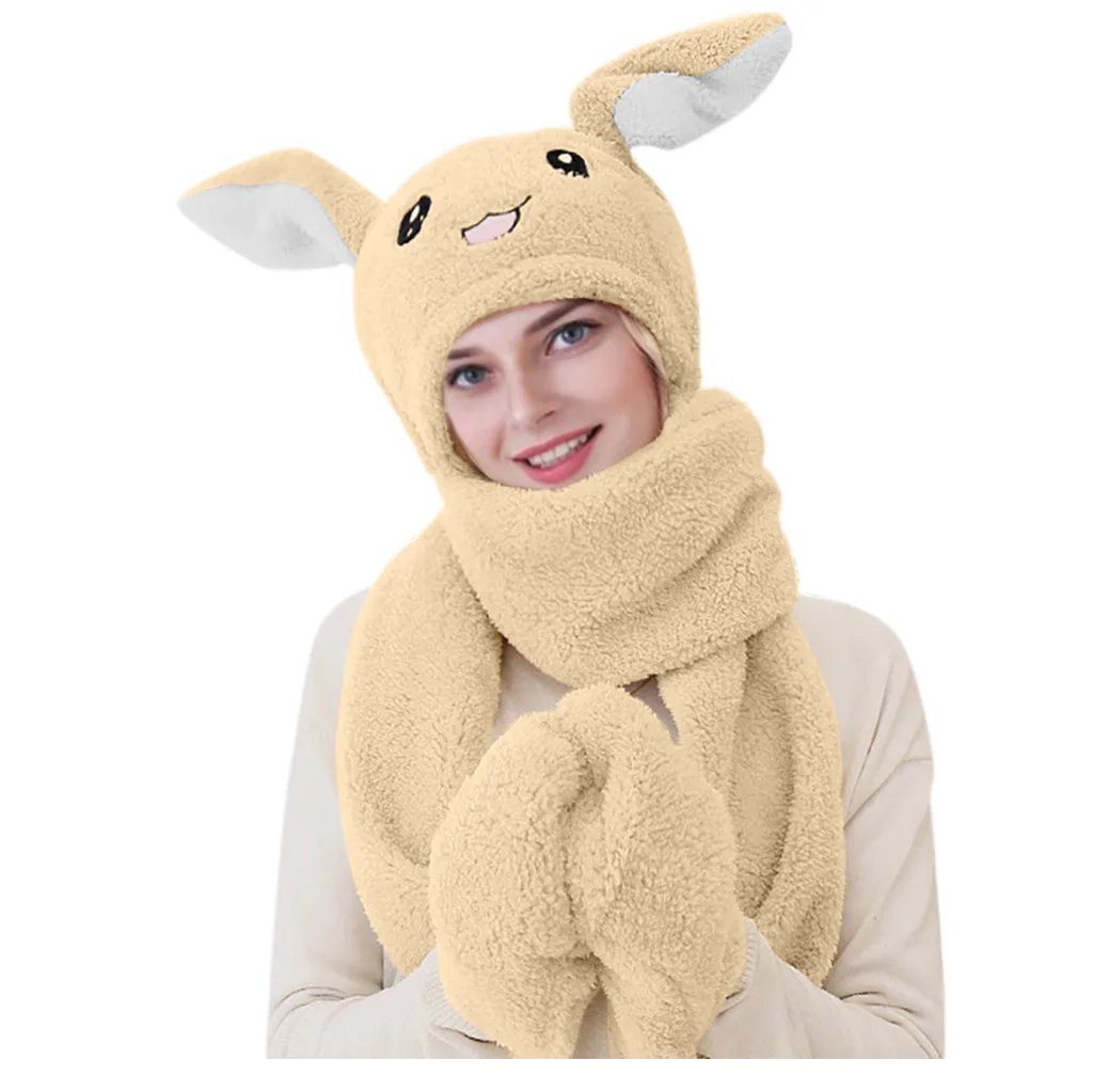 Women's warm hat 3 In 1 Warm Plush Winter Hat Cute Rabbit Ears Scarf Gloves Hoodie Cap #4 | Аксессуары для одежды