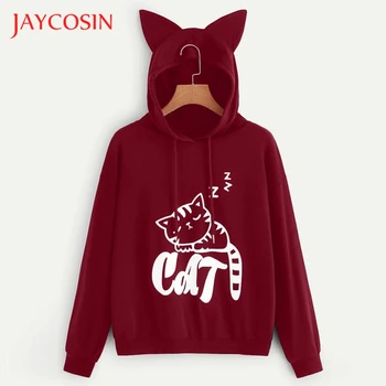 

JAYCOSIN Women's Top Wearshirt Long Sleeve O Neck Cat Printing Stitching Hooded Tops Loose Pullovers Hooded Sudadera Mujer 21#2