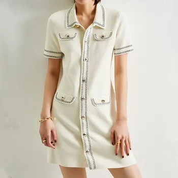 

100% Cotton Brand Fashion Women High-end Luxury Vintage Summer Elegant Contrast Button Knited Short-sleeved Dress