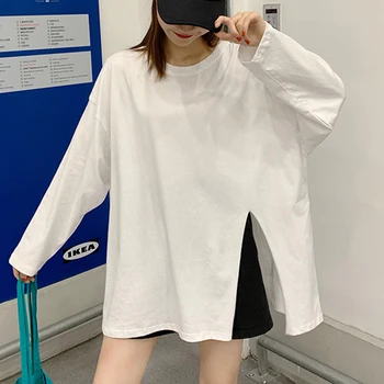 

Split Tshirts Women Summer Tops Long Sleeve Harajuku Tee Shirt Solid Casual Shirts Plus Size Loose Streetwear Loose Grils W058