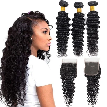 

Deep Wave Bundles With Closure Brazilian Hair Weave Bundles With Closure Non Remy Human Hair 3 Bundles With Closure