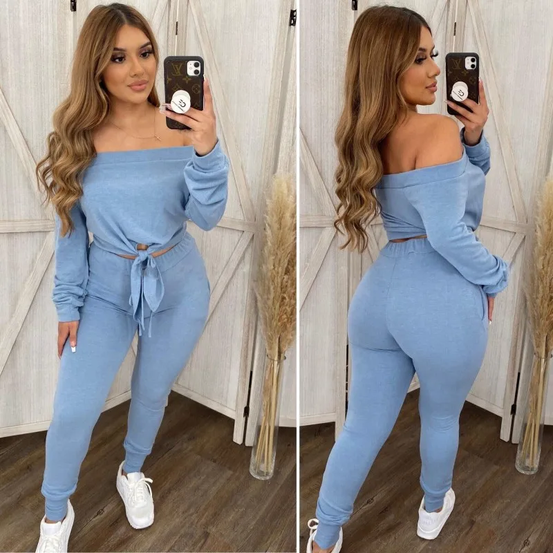 Sexy Lady Suit Blue Backless Long-Sleeved Top+Casual Pants Two-Piece Set Fall 2021 Womens Fashion Slim-Fit Trousers Sports Suit