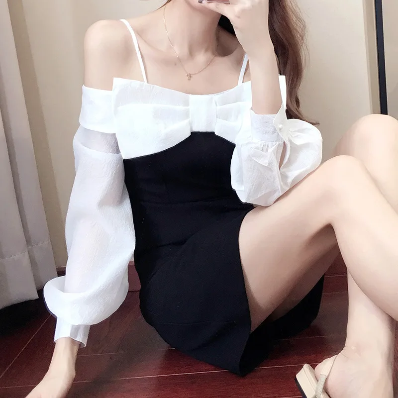 

Off-Shoulder Dress Women's Long Sleeve Spring 2020 New Style Korean-style Scheming Bow off-Shoulder-Strapped Dress