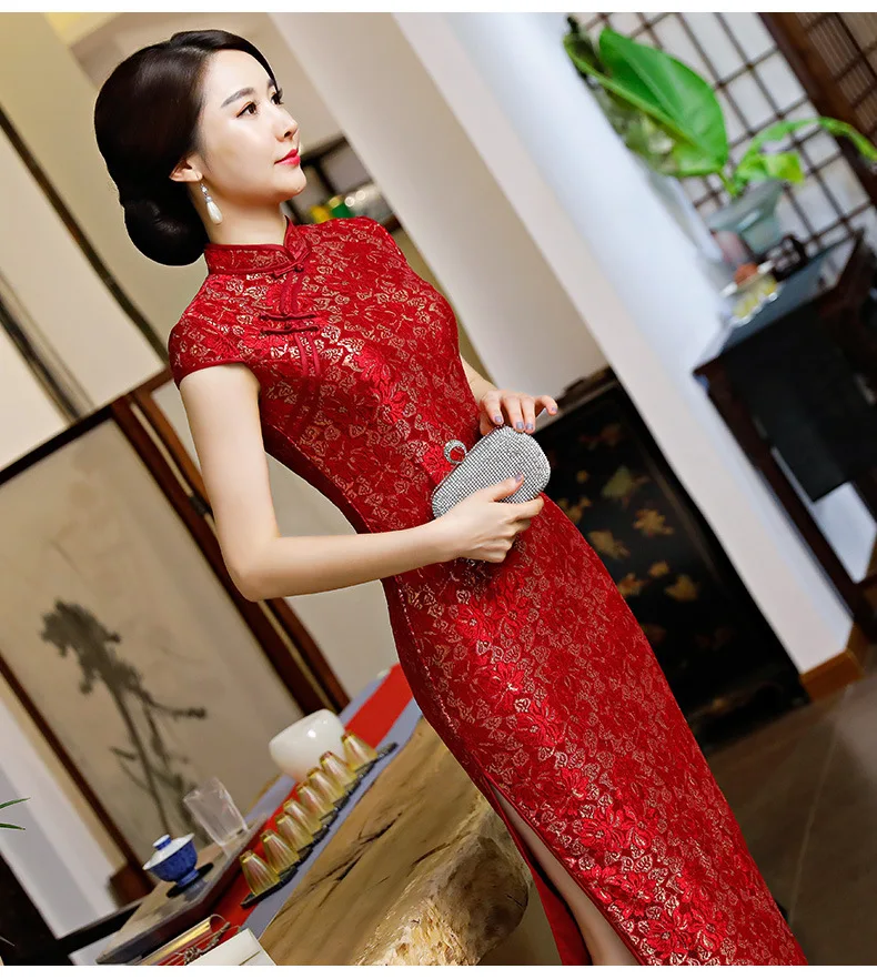 Новое длинное модифицированное кружевное платье cheongsam в китайском стиле, модная одежда для банкета и тостов, женское Красное повседневное тонкое платье Qipao