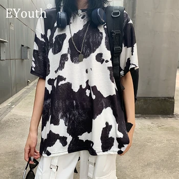 

Tops Women 2020 Summer T Shirt Women Girl Cow Printed Contrast Short Sleeve Oversized T-shirt Loose T-shirt Kpop Tops