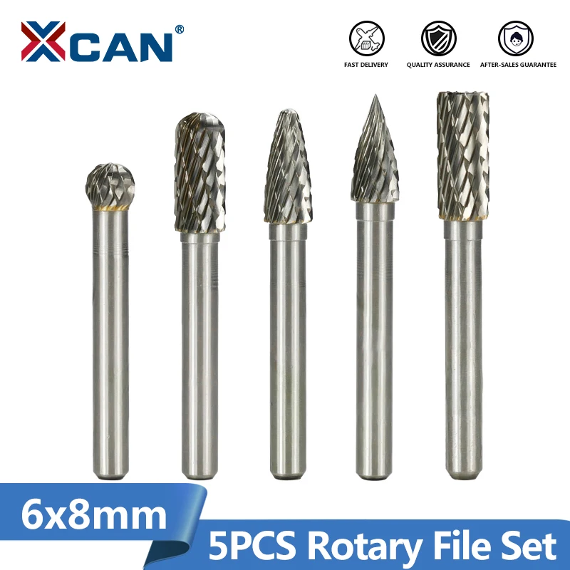 

XCAN Rotary File Set 5pcs Tungsten Carbide Burr Bit 6x8mm Double Cutter Rotary Tool Milling Cutter For Wood Engraving Tools