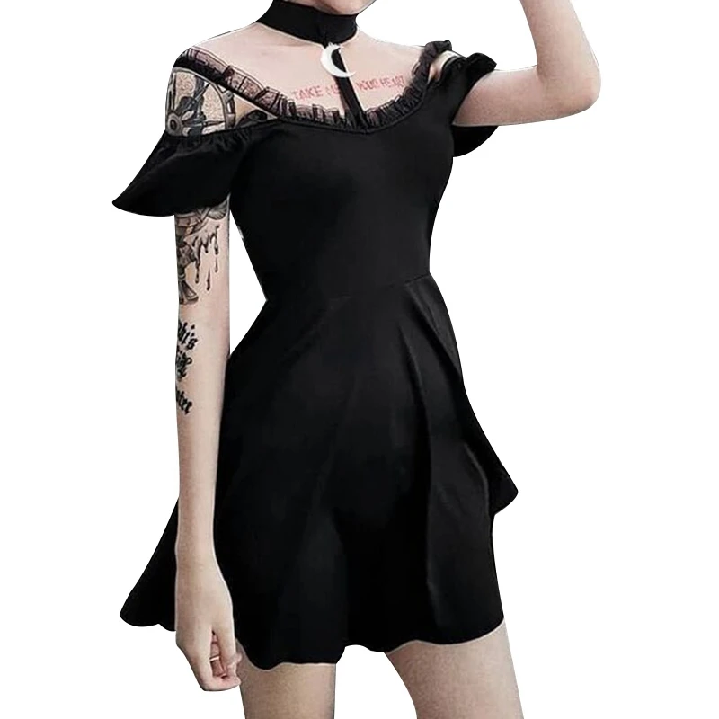 

Goth Dark Halter Lace Up Off Shoulder Back Zipper Dress Low Breast Harajuku Sexy Summer Clubwear Bodycon Dresses