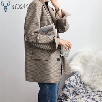 

HXJJP Women's Plaid Blazer Spring Autumn 2020 New Single Breasted Korean Loose Long Sleeve Fashionable Suit Top Office Lady