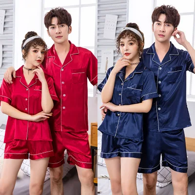 

New summer couple couple silk short sleeve two-piece pajamas home service / solid color men navy blue short-sleeved pajamas sets