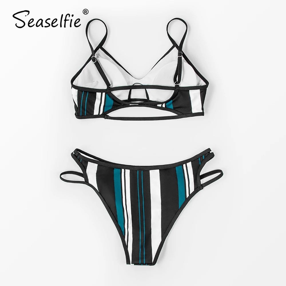 SEASELFIE сексуальные синие белые и черные полосатые комплекты бикини купальник из