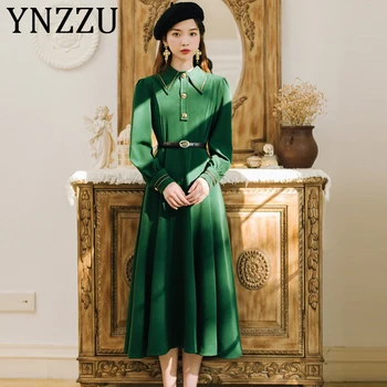 

YNZZU Elegant Navy Style Green High Waist Long Dresses Women 2020 Spring Autumn Long Sleeve Buttons Female Dress with Belt AD381