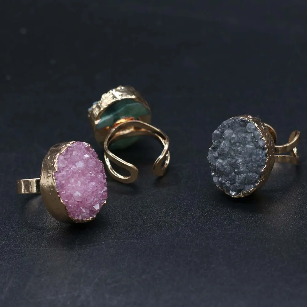 Natural Druzy Agates Rings Diamon-Studded Open Finger Rings Irregular Charm for Women Men Party Wedding Jewelry