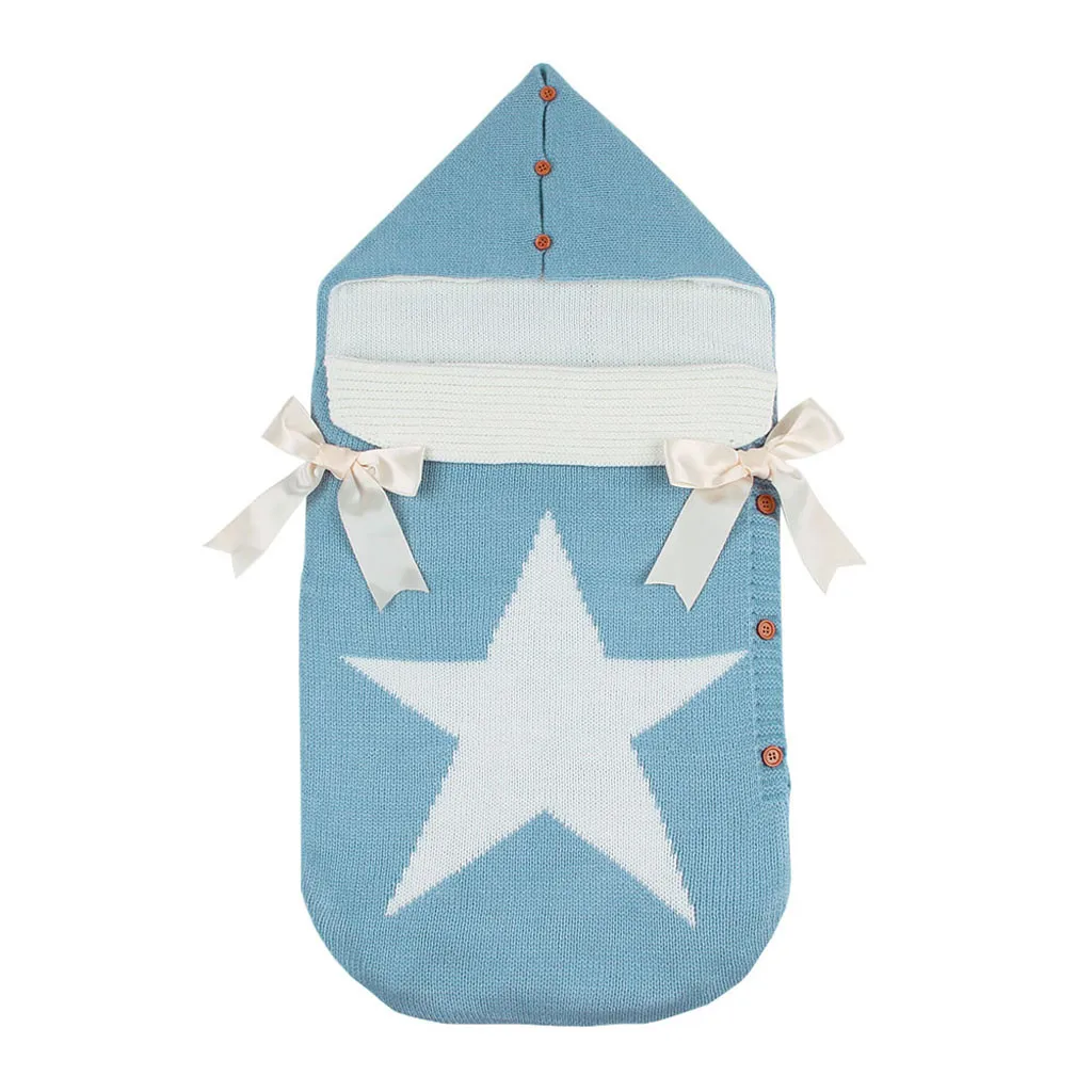 Пеленки для новорожденного+ шапка, хлопок, детская звезда, бант, вязаная Пеленка, одеяло, пеленка для сна, спальный комплект для младенца 0-12 м - Цвет: Blue