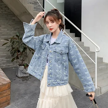 

Women Short Jeans Jacket Coat Luxury Beading Pearl Letter Print Loose Korean Outerwear Female Denim Jacket Coats Woman Clothes