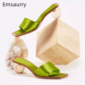 

Clear Crystal Ball Heel Slippers Women Square Toe Open Toe Luxury Satin One-strap Strange Heel Slides 2020 Summer Shoes Woman