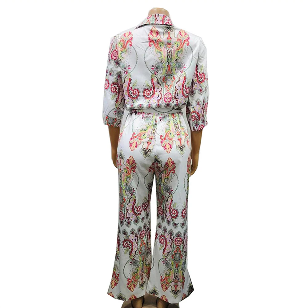 Seluxu Fall Autumn Women Jumpsuit Floral Print Jumpsuit Long Sleeve Turn-down Collar Jumpsuit Sashes Wide Leg Women Romper
