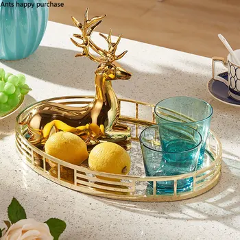 

Nordic Desktop Mirror Tray Oval Metal Fruit Plate Home Restaurant Tea Plate Multifunction Storage Tray Decoration Organize Disk