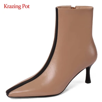 

Krazing pot fashion boots genuine leather mixed colors streetwear small square toe thin high heel zipper mature ankle boots L16