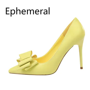 

Women Sexy Bow Extreme High Heel Shoes 10cm Thin heels Pumps Shallow Mouth Stilettos Mujer Zapatos Plus Size US3-12 Yellow Pink