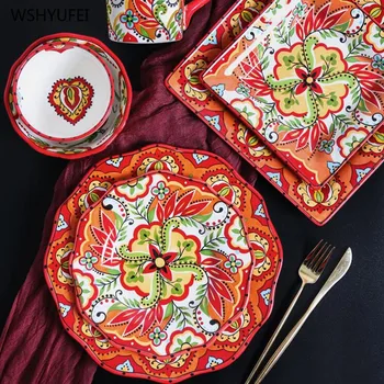 

1pcs painted ceramic western food steak plate afternoon tea pastry coffee saucer ramen salad bowl milk cup kitchen supplies