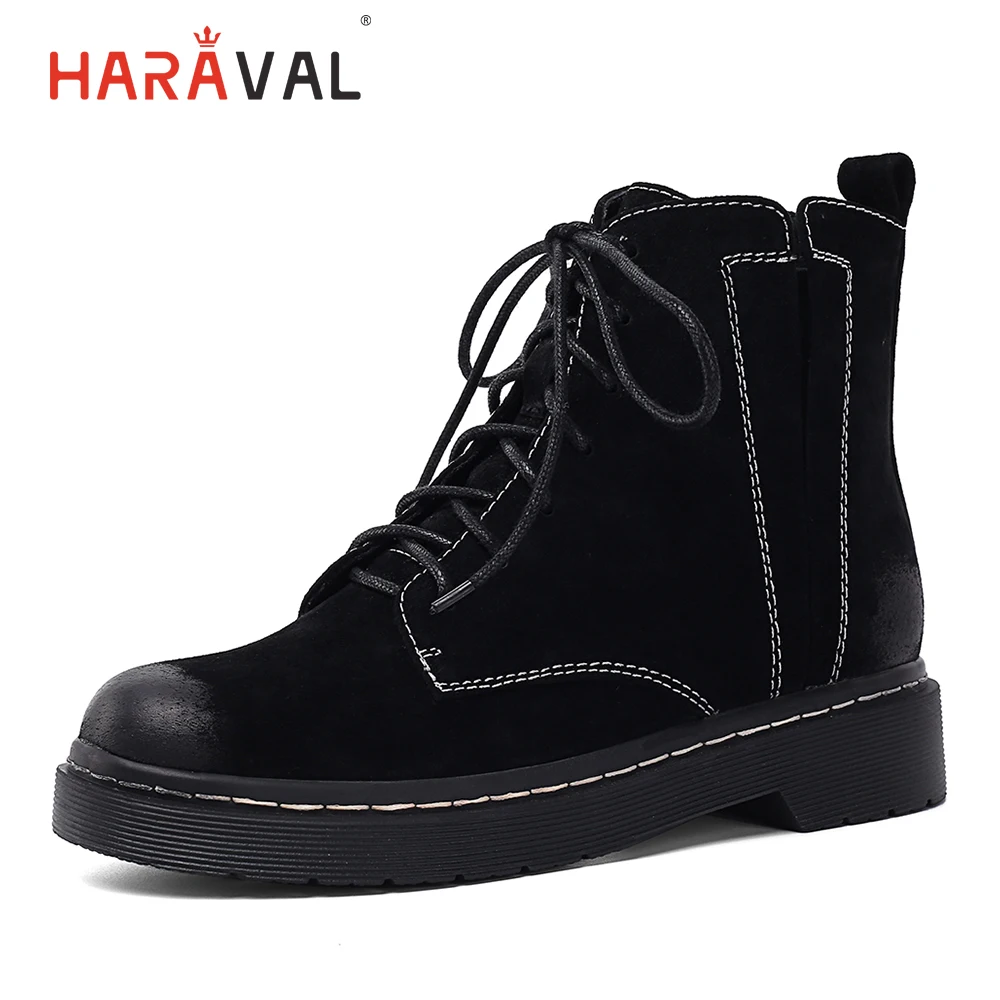 

HARAVAL Fashion Basic Women Ankle Boot Luxury Round Toe Low Heel Shoes Lace-up Solid Casual Zipper Winter Soft Martin Boots B241