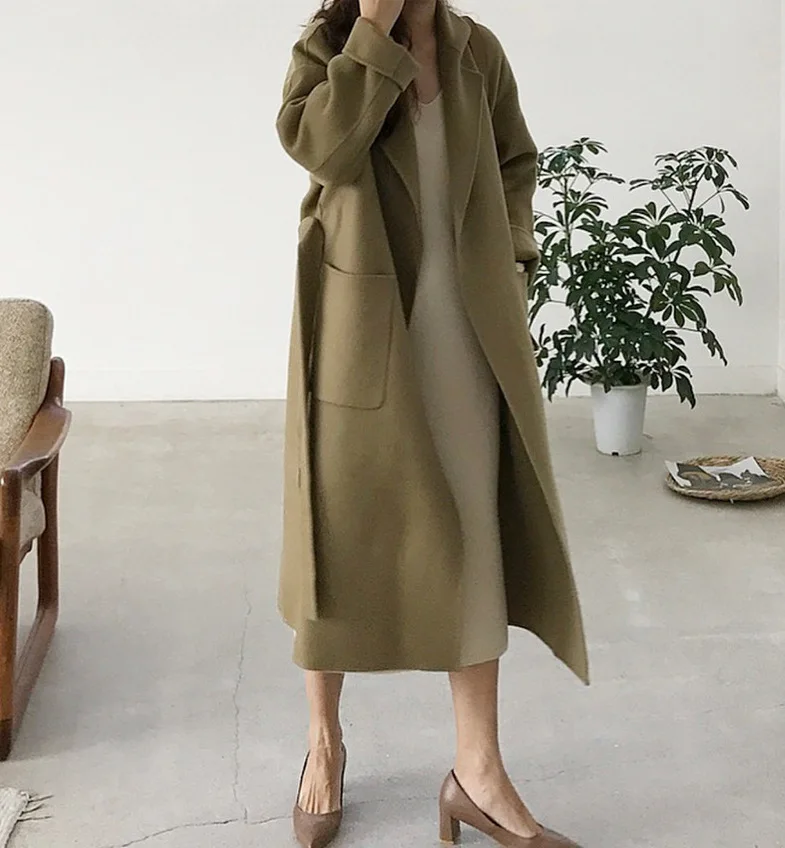 Новые корейские женские высококачественные роскошные двухсторонние хаки зеленые шерстяные пальто х-длинные элегантные уличные шерстяные пальто ручной работы