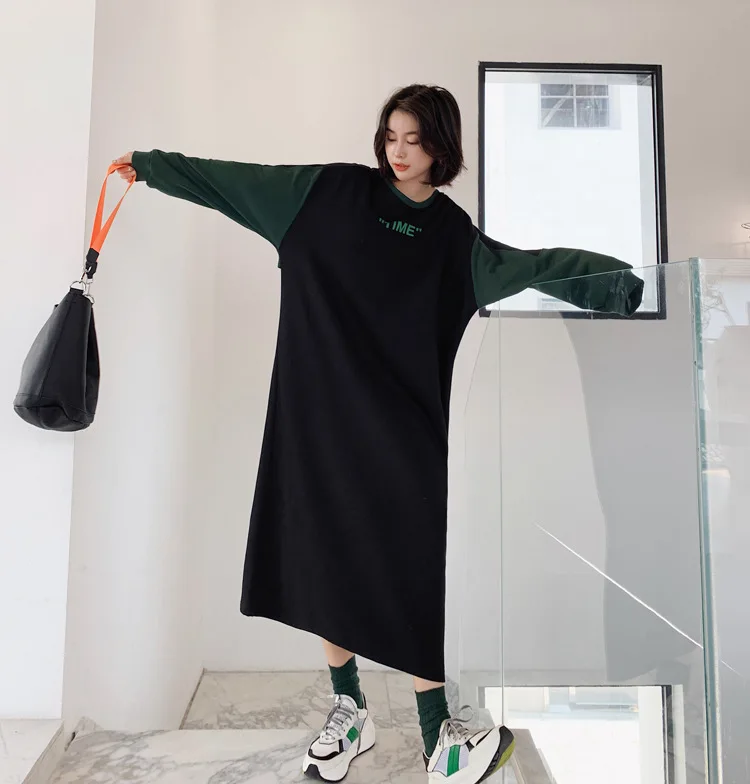 Correspondência sobre o Joelho com Capuz Outono Novo Solto Longo Hoody Cor Vestido Hong Kong Estilo Manga Comprida 2021 3 hong kong estilo manga comprida vestido