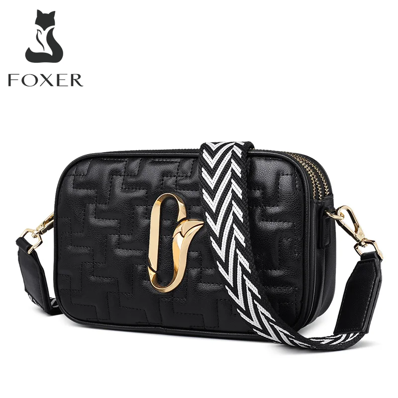 FOXER Female Square Crossbody Bag Three-tier Large Capacity Design Shoulder Bag Knitted Shoulder Straps Women Small Flap Bag