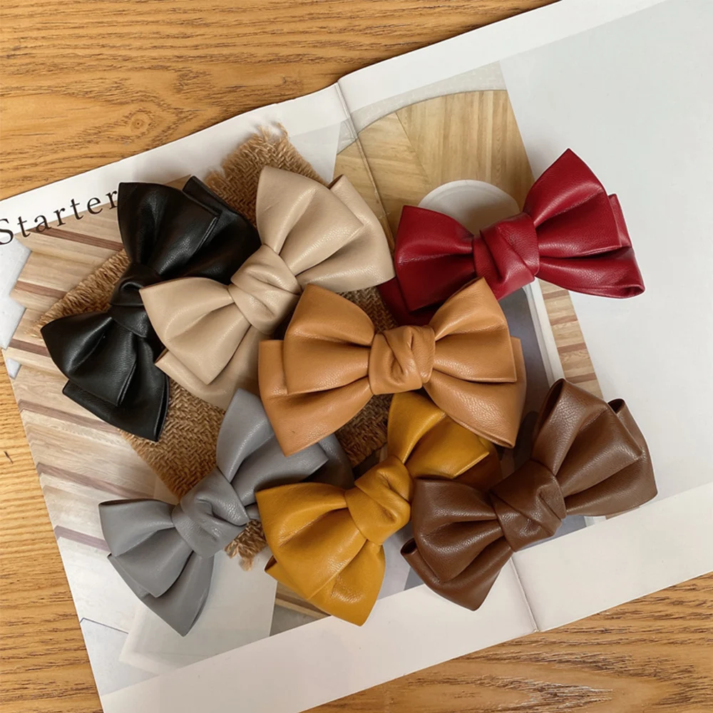 

Fashion PU Leather Solid Color Bow Hairpin Duckbill Spring Clips Hair Ornament Girls Headwear Accessories for Women