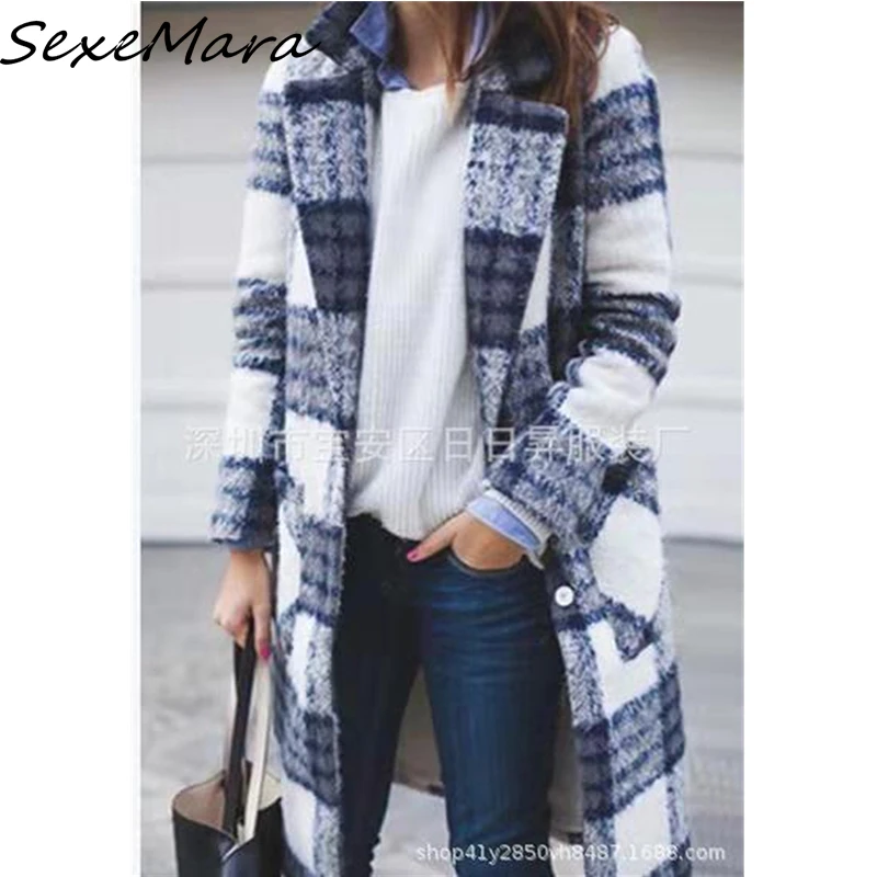 

2019 New Fashion Plus Size Winter Autumn Cashmere Woolen Long Plaided Coats for Women