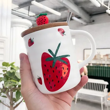 

Ceramic Mugs Cute Strawberry Ceramic Mug Spoon Lid Cartoon Coffee Tea Milk Drinkware Cups Household Study Living Room Supplies