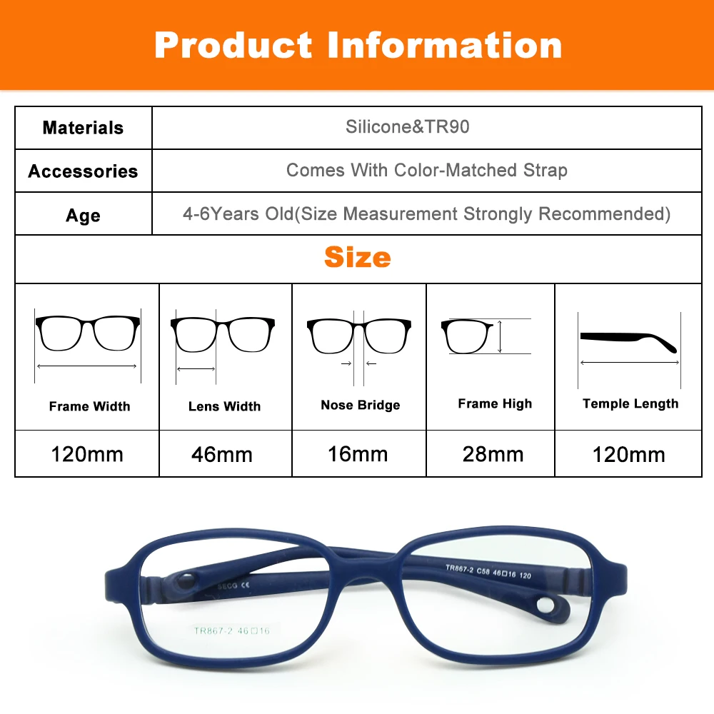 Children Glasses Frame with Strap Size 46/16 One-piece No Screw 4-6Y, Flexible Optical Boys Girls Glasses