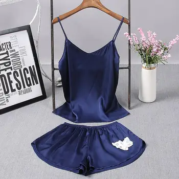 

2PCS Womens Sexy Satin Lingerie Sleeveless Pajamas Embroidery Flower Underwear pink top шорты женские