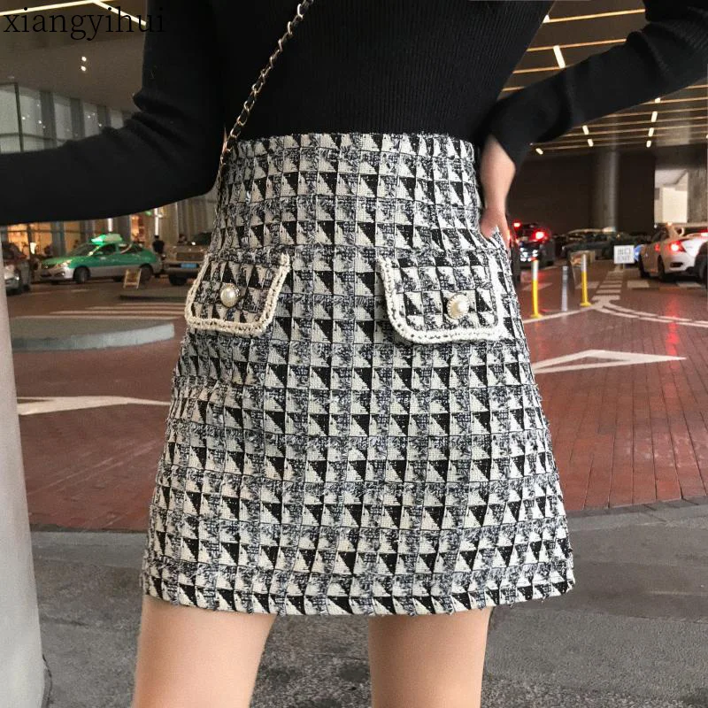 Модная черная твидовая Женская юбка с высокой талией размера плюс, клетчатая юбка, новинка, корейский стиль, женская мини юбка, M-4XL