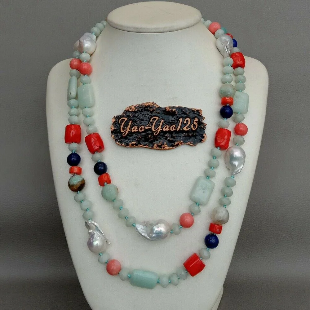 

42'' Cultured White Keshi Pearl Amazonite Lapis Coral Long Necklace