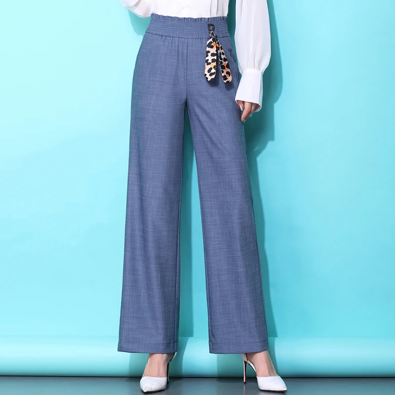 

Elegant Office Lady Denim Jeans 2020 Spring Summer Elastic Waist Wide Legs Cotton Pants Loose Blue/Black Trousers Plus Size
