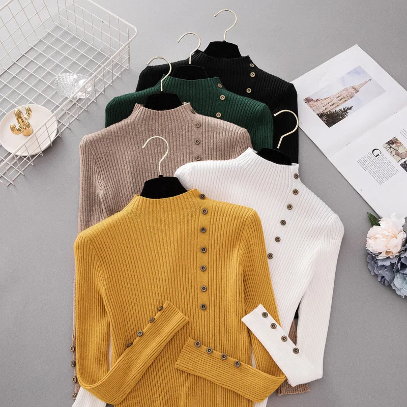 

New Fashion Button Neck High Sweater Women's Strong Knitted Fabrics in Spring and Autumn