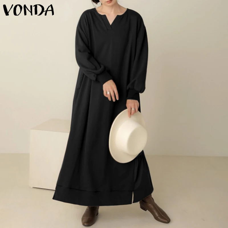 

Fashion Elegant Solid Dress Casual V Neck Dresses VONDA Women Autumn Sundress Women Maxi Long Dress Ruffled Split Vestidos Robe
