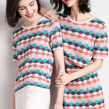

XUXI Summer Short Sleeve T Shirt Streetwear Casual Print Ice Hemp Thin Knit Fashion O Collar T-Shirt 2020 Women FZ2420