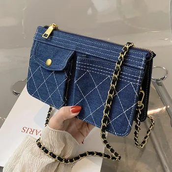 

Women's New Fashion Denim Design Leather Shoulder Strap Messenger Bag Texture Diamond Chain Bag Multi Pocket Plaid Card Package