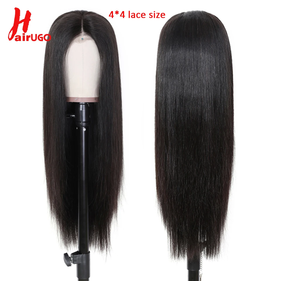 HairUGo 4*4 бразильский парик на шнурке человеческие волосы парики для черных женщин не-Реми волосы на шнурке прямые парики с детскими волосами