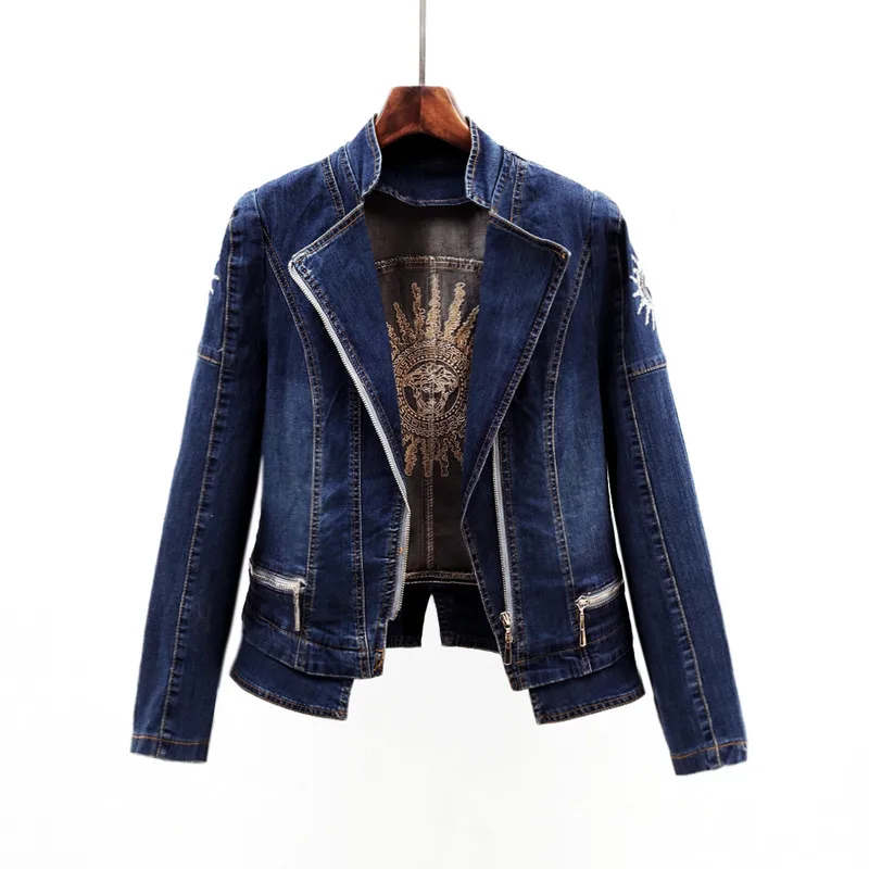 discounted 2019 Spring Women Fashion Sequins Jackets Long-sleeved Stretch Slim Denim Jacket Sun Plus Size Shor