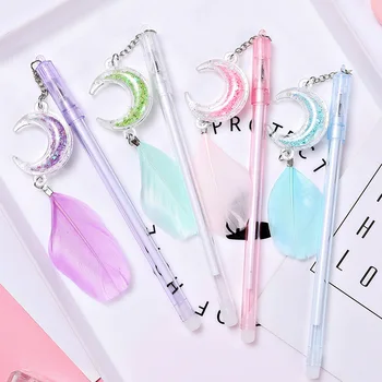 

4PC Ins Girl Heart Sequin Feather Pendant Gel Pen Cute Creative Moon Pendant Pen Student Signature Pen Water Pen
