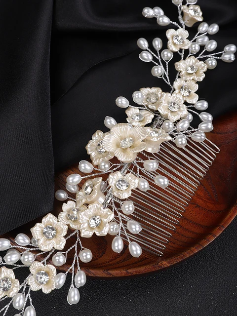 Pettine Da Sposa Con Fiori E Perle - Copricapo Elegante Per Matrimoni, Feste E Occasioni Speciali - Foto 3