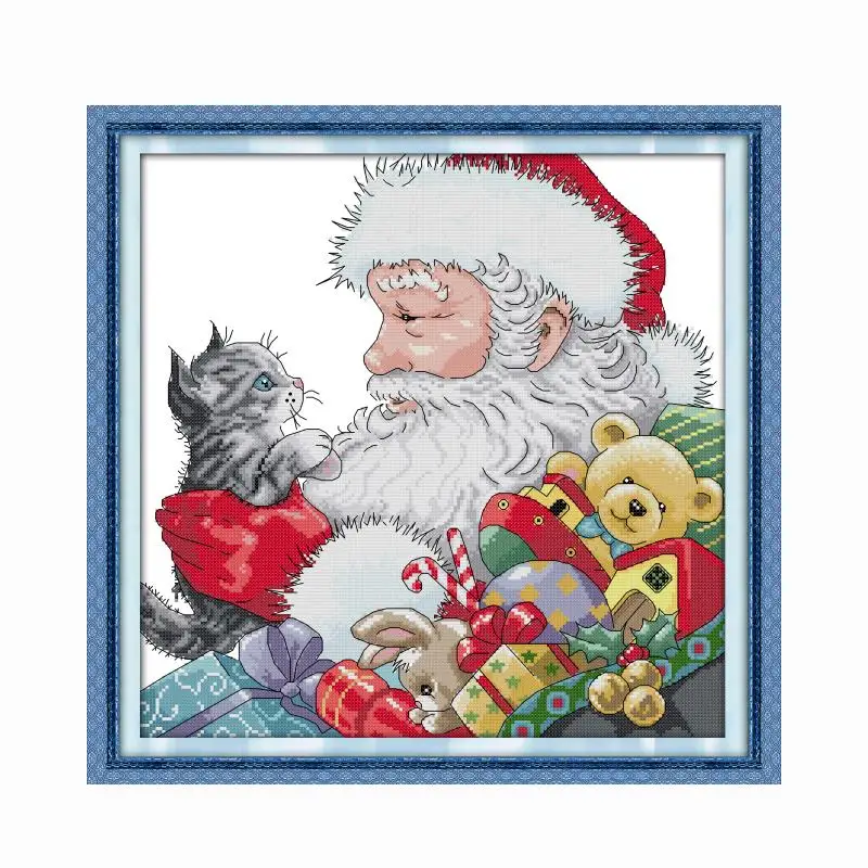 

Santa and Kitten Embroidery Needlework Stamped Cross Stitch Kit Patterns Needlepoint 11CT 14CT Print Thread Decor Counted Fabric