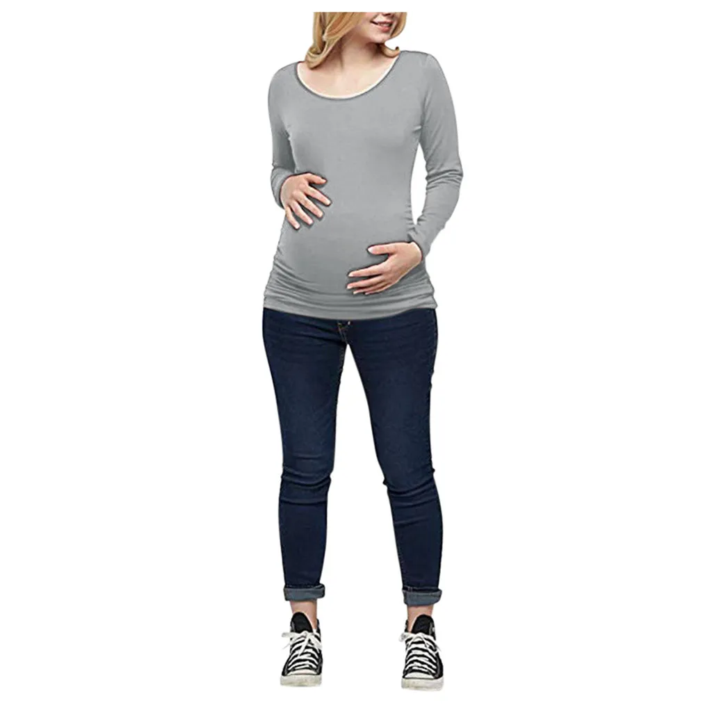 Женская блузка для беременных с длинным рукавом, однотонные топы, лестная Футболка для беременных, повседневная Зимняя Блузка, топы C850