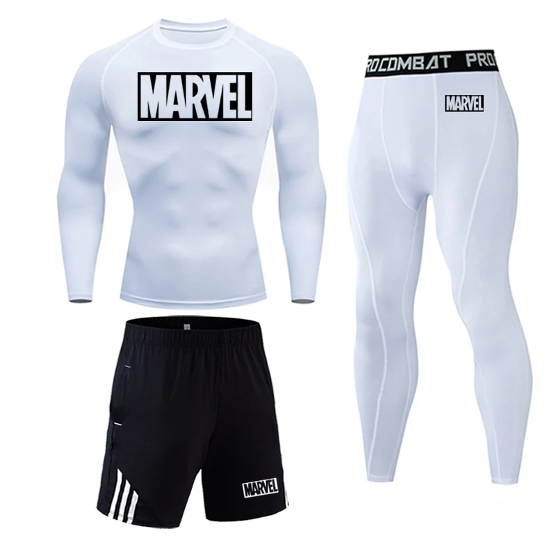 Men's sportswear compression sport suit men's tights+ leggings Marvel men's T-shirt workout clothes rashguard men's kit - Цвет: 3 pieces