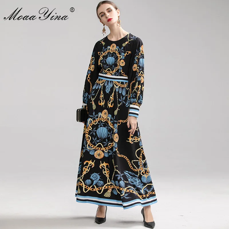 MoaaYina модное дизайнерское подиумное платье Осень Зима Женское платье с длинным рукавом в полоску с принтом винтажные Макси платья